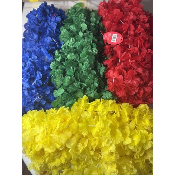 Lot of 40 Colorful Hawaiian Faux Flower Leis - Yellow Green Red Blue 10 of Each - Picture 1 of 7